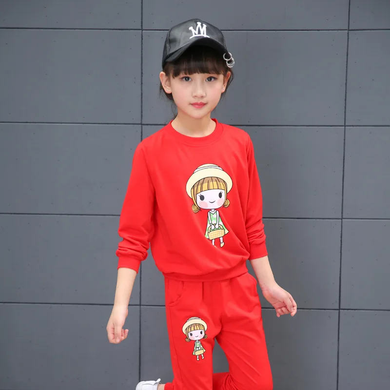 Children's Wear Autumn Girls Cartoon Printed Girls 'Patterns Cover Suite Two Sets Sport Sets Red and Pink Color 4-12 Ages