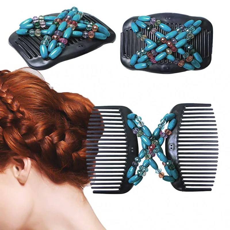 New Retro Double Beaded Hair Magic Comb Clip Beads Elasticity Hairpin