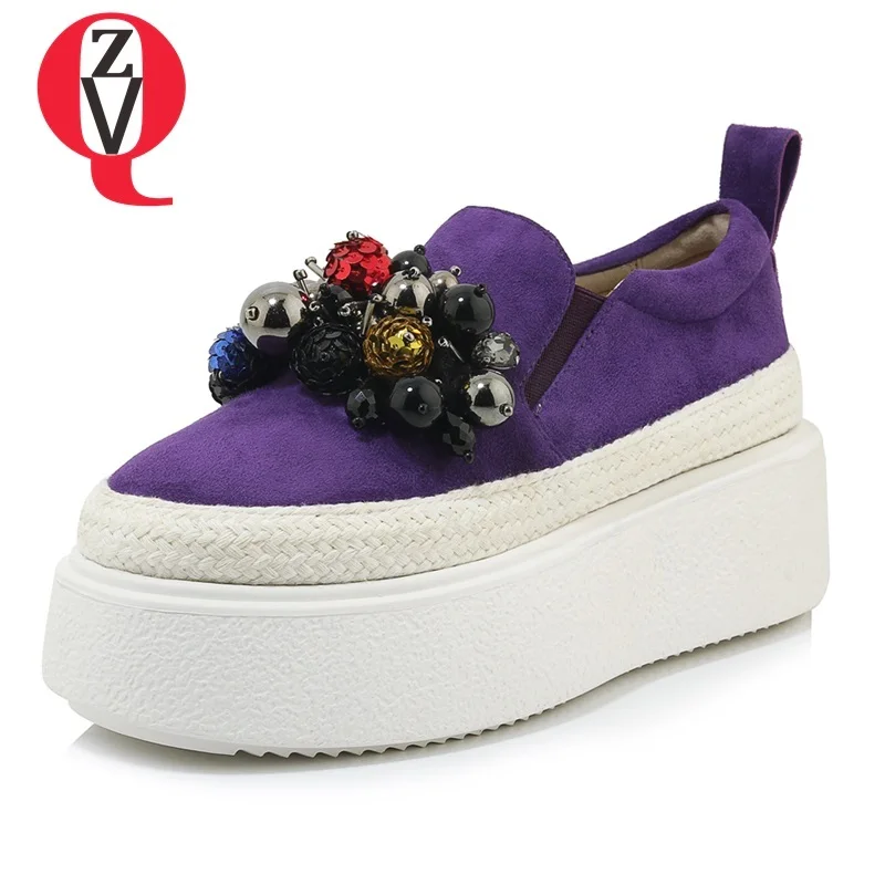 

ZVQ shoes women spring new fashion kid suede round toe string bead women pumps outside igh wedges platform slip-on ladies shoes