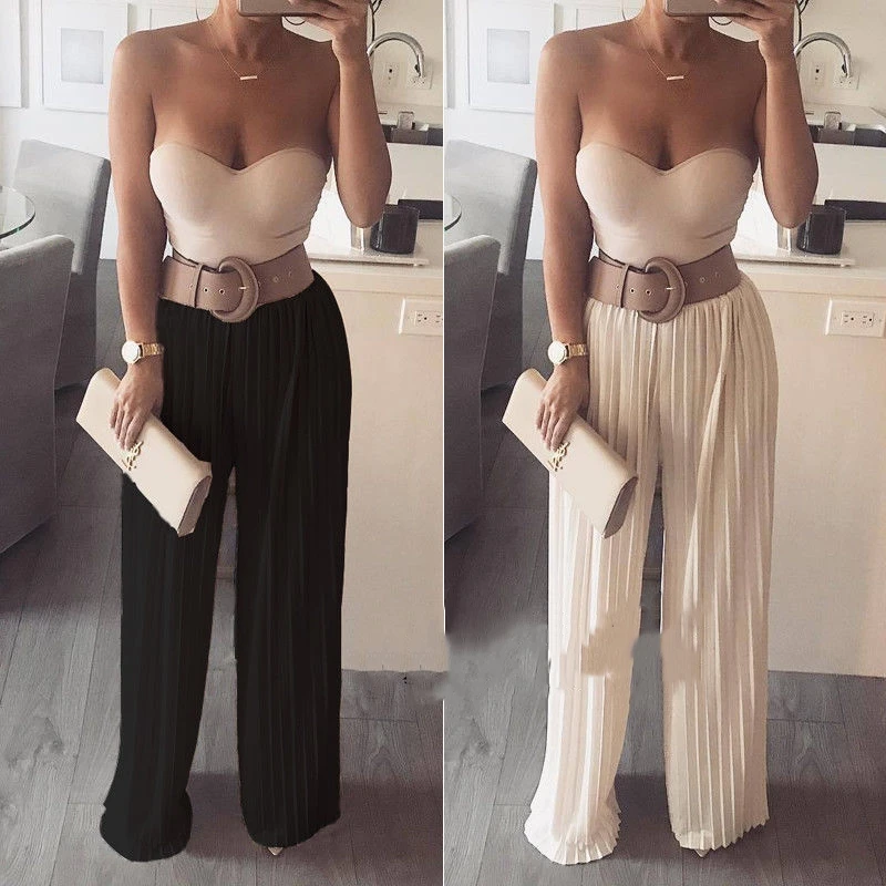 

Fashion Newly Women High Waist Office Lady Casual Wide Leg Beach Classice Pleated Loose Pant Ladies Long Trousers