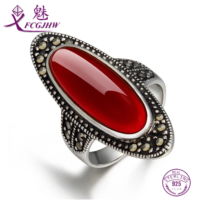 

Rings For Women finger 2017 Silver 925 Fine Jewelry Oval Red Chalcedony Stone Vintage Statement Europe Style Luxury