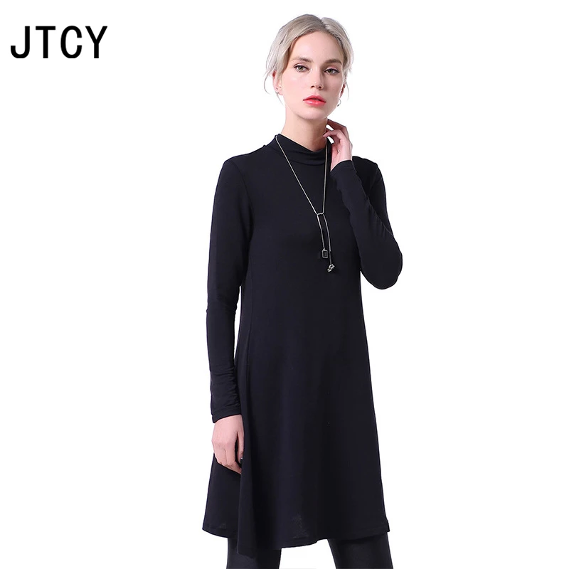 JTCY 2018 Черное Осеннее домашнее женское платье с длинным рукавом круглым вырезом