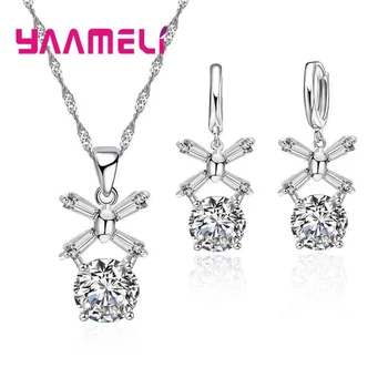 

Round Stone CZ Jewelry Sets 925 Sterling Silver Cubic Zirconia Flower Necklace Hoop Earrings Women Accessories