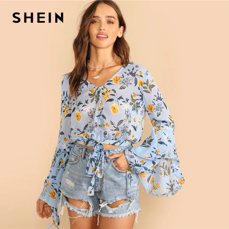 Женская блузка с длинным рукавом SHEIN синяя и бантом спереди 2019|Блузки| |
