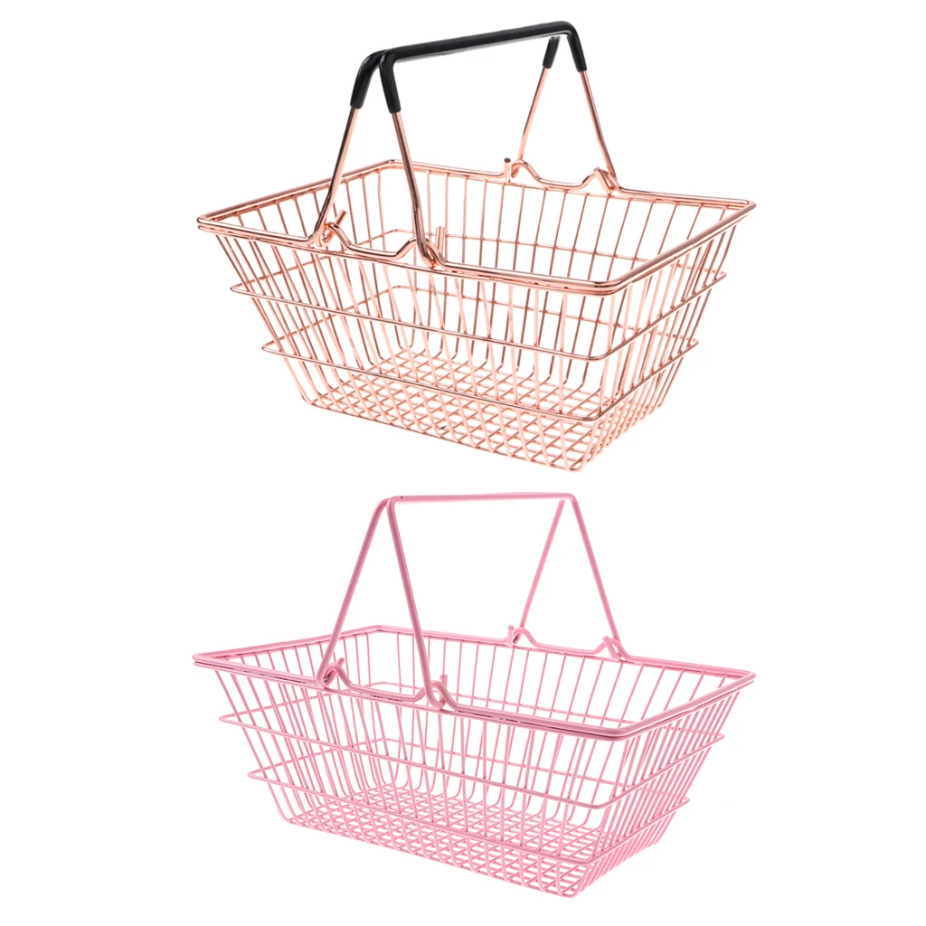 2pcs Kids Mini Metal Supermarket Shopping Basket For Kitchen Fruit Vegetable Food Grocery Storage Pretend Play Tools Toy Gifts