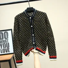 Роскошный дизайнерский брендовый вязаный свитер для женщин, круглый вырез, винтажный контрастный цвет, в полоску, с жемчужными пуговицами, вязаный кардиган, свитер