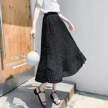 1503 юбки в Корейском стиле женский эластичный пояс Высокая горошек Печатный Черный Белый Хаки шифоновые плиссированные юбки женские большие размеры