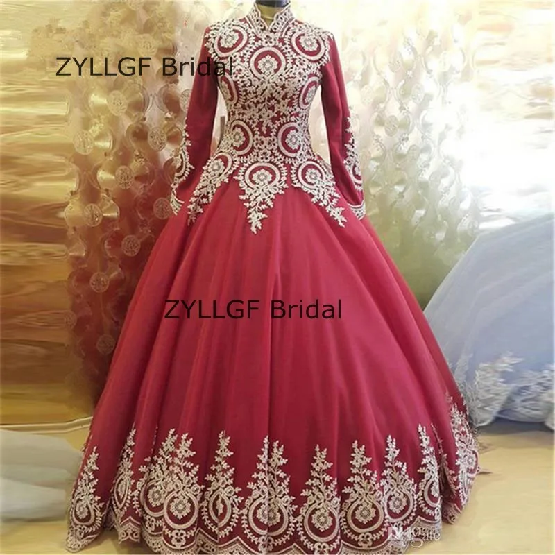 ZYLLGF Bridal Puffy High Collar Arabic Evening Gown Dress Dubai Long