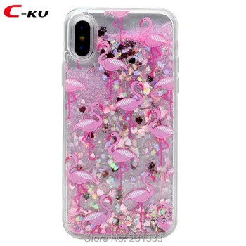 

C-ku For Iphone X XS 8 7 PLUS 7plus 6 6S 3D Glitter Liquid Quicksand Hard PC TPU Case Flamingo Heart Clear Cover Luxury 100pcs