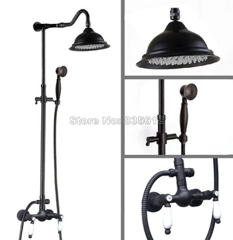

Black Oil Rubbed Brass Wall Mount Bathroom Rain Shower Faucet Set with Handheld Shower & Dual Ceramic Handles Mixer Taps Wrs771