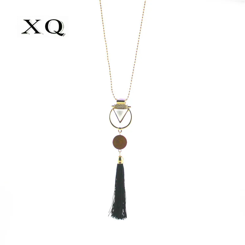 

XQ retro wood white resin triangle black rope tassel pendant long bead necklace for women ladies fashion jewelry New