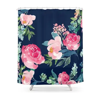 

Navy And Pink Watercolor Peony Shower Curtain Set Waterproof Bath Curtain For Bathroom With Non-slip Floor Mat