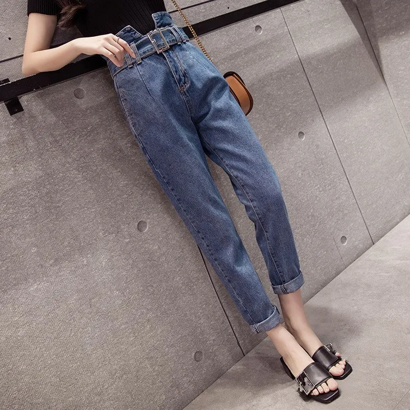 Hot Sale Plus Size New High Waist Harem Jeans Women Fashion Belt Pockets Denim Pants Casual Solid Loose Trousers