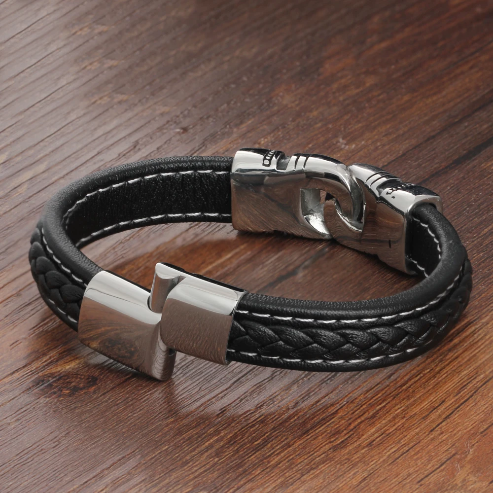 Модный кожаный браслет с цепочкой из нержавеющей стали, черные браслеты 220 мм, мужские винтажные плетеные украшения для мужчин(BA101882