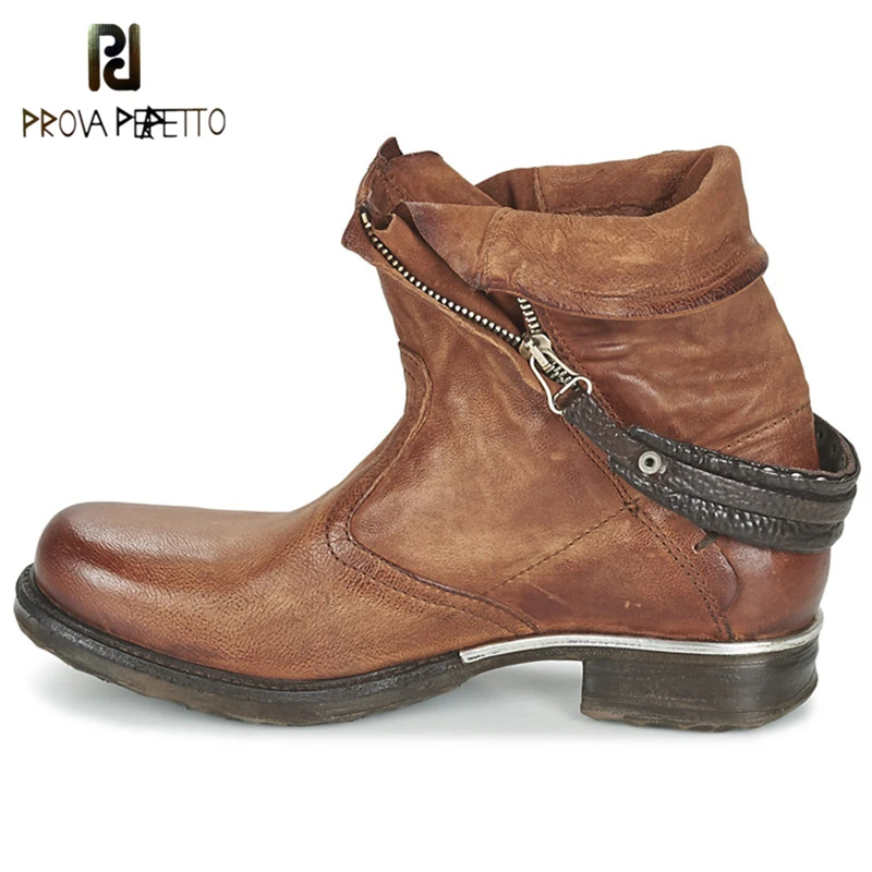 

Prova Perfetto New Arrival British Style Elegant Back Strap Woman Short Boots Genuine Leather Patchwork Zip Low Heel Boots