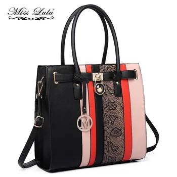 

Miss Lulu Women Handbags Shoulder Bags Stripes Top-handle Bags Ladies Large Tote Black Leather Crossbody Bags Padlock LT6620