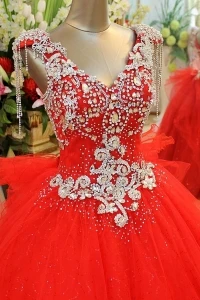 Real Photo Luxury Wedding Dresses Ball Gown V-neck Crystal Stones Beaded Long Sexy Bridal Dress Wedding Gowns Vestidos - Цвет: Красный