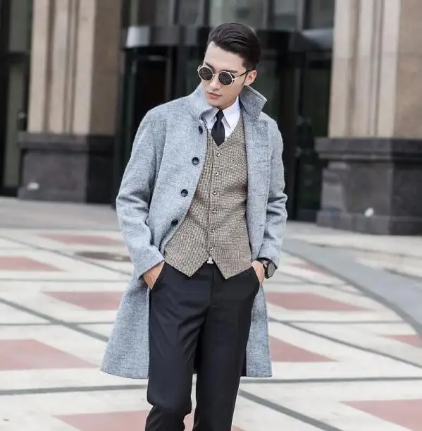 Grey Mens clothing long wool coat men grey single breasted