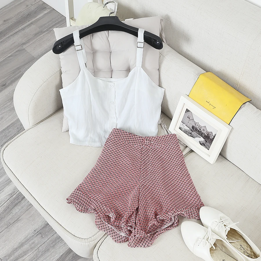 [GUTU] 2017 Novo Verão Impressão Curto Pequeno Tops Ruffles Alta Waidt Chiffon Pernas Largas Shorts Ternos Mulheres Y574