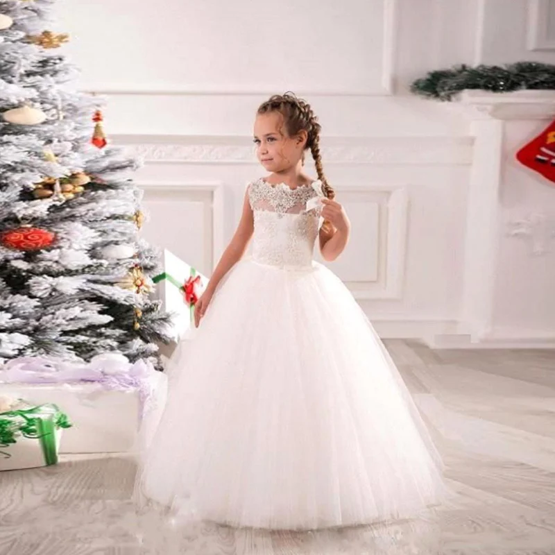 

New Flower Girl Dress Beaded Gown Girls Lace sleeveless Ruffles Prom Pageant Birthday communion get together Dress