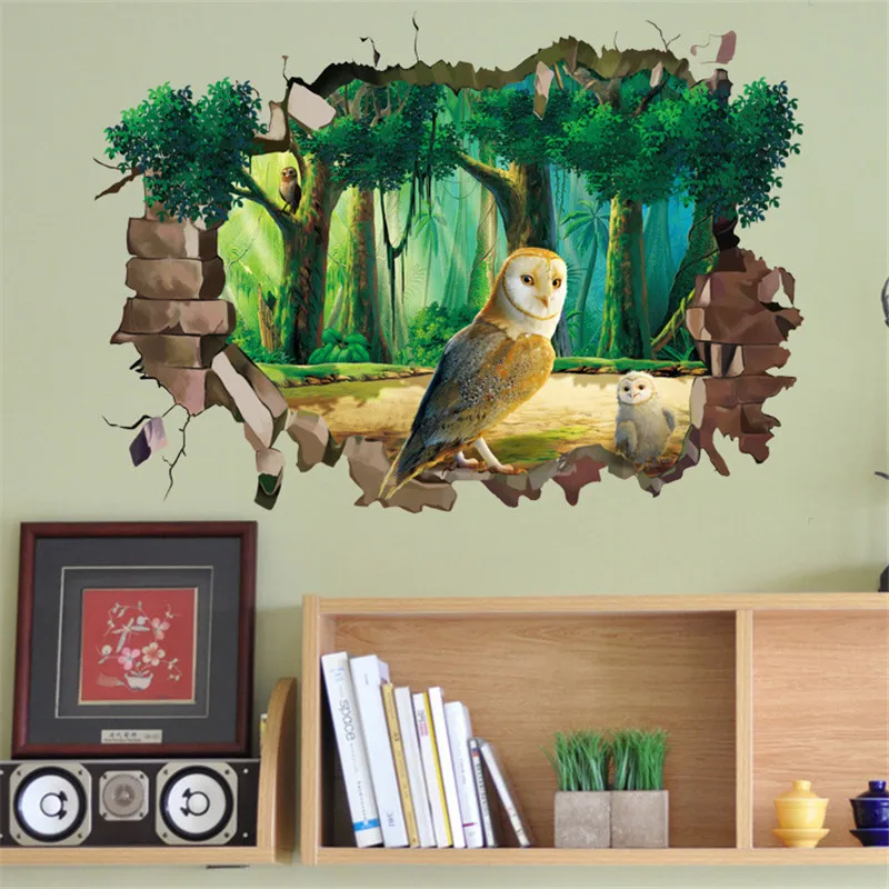 

Modern 3D Broken Wall Stickers Green Forest Jungle Owl Home Decorative Wallpaper for Livingroom Bedroom PVC Removable Wall Mural