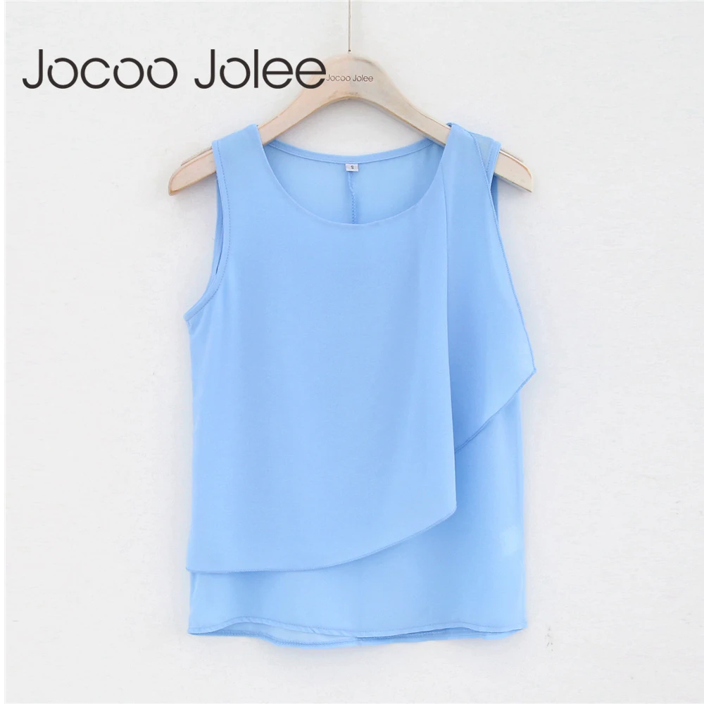 Jocoo Jolee عارضة الشيفون رداء علوي من دون أكمام للنساء قمم بلون مكتب سيدة Wearings مع الجبهة الأزياء الكشكشة تصميم 2018 ربيع جديد