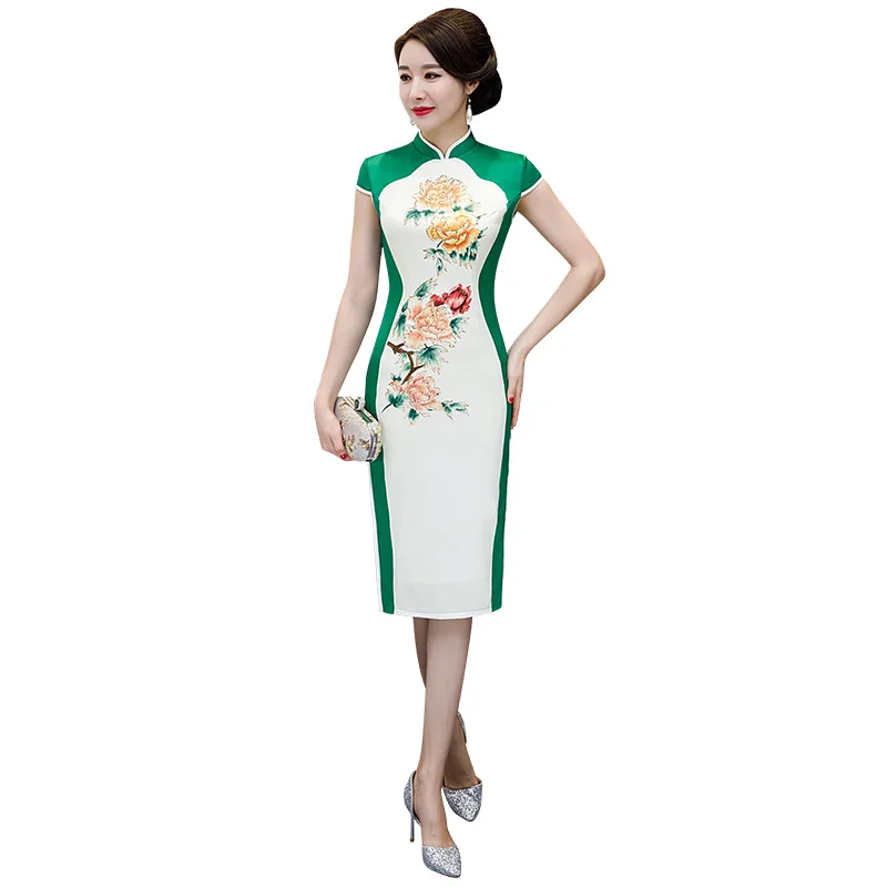 Длиной до колена с принтом китайский стиль ручной работы и пуговицы платье Винтаж женские длинные Qipao классический этап шоу элегантный