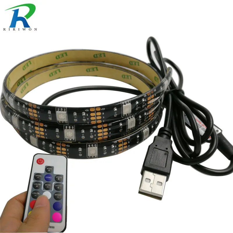 

RiRi won black SMD USB RGB led strip lights 30Leds/m 5050 Led Tapes diode Ribbon waterproof 17k controller for tv decoration