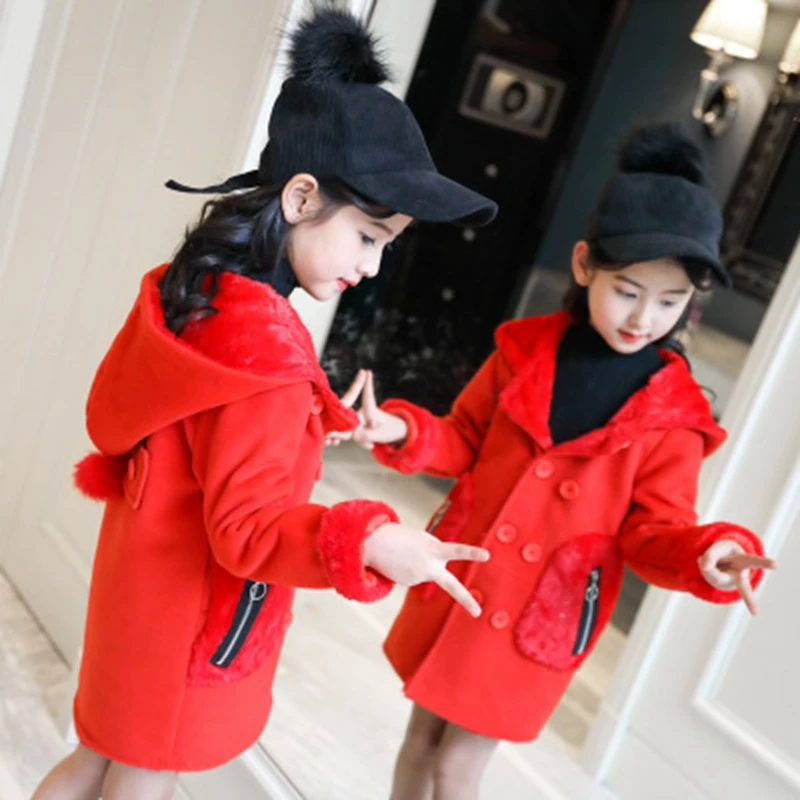 

Baby Wool Coats Girls Children's Autumn winter outerwear Big bag Ball pendant hat fashion long down Jackets Coats For 5-14Y kids