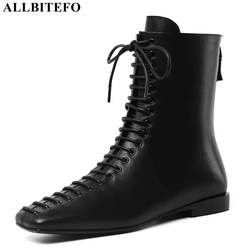 

ALLBITEFO new fashion brand genuine leather square toe low-heeled women boots comfortable ankle boots for women martin boots