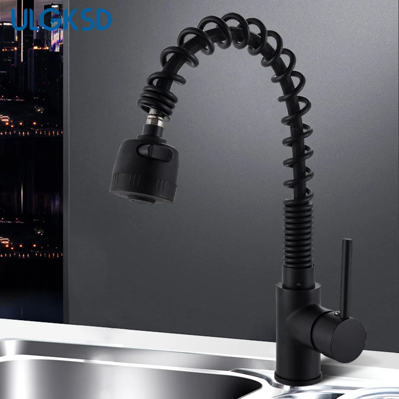 

ULGKSD Blackend Spring Kitchen Faucet Pull out Side Sprayer Single Handle Mixer Tap Sink Faucet 360 Rotation Kitchen Faucets