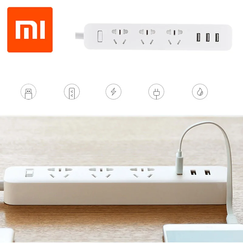 Оригинальная портативная розетка Xiaomi Mi с 3 usb портами многофункциональная