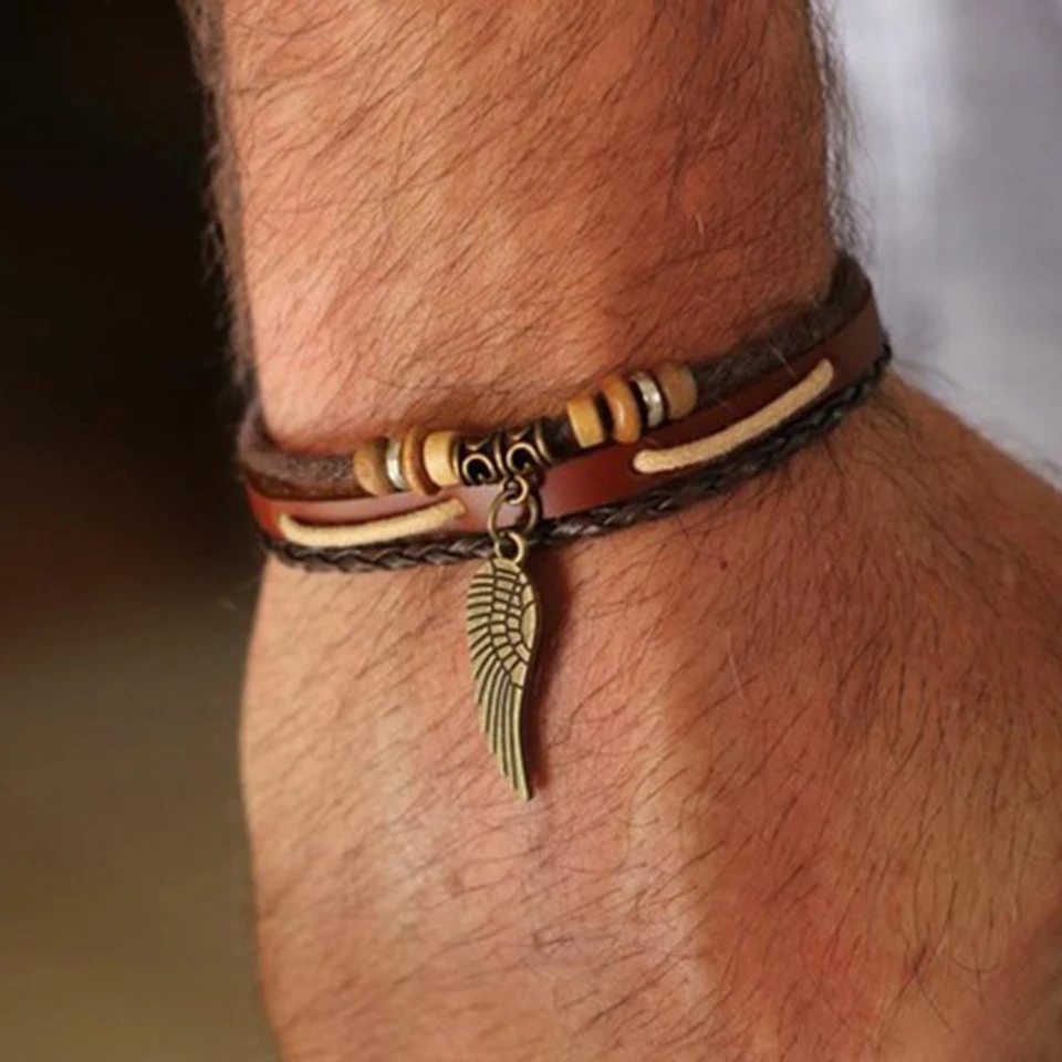 

Punk leather bracelets for women men jewelry Wing Charm pulseira masculina pulseira feminina erkek bileklik bracelet men femme