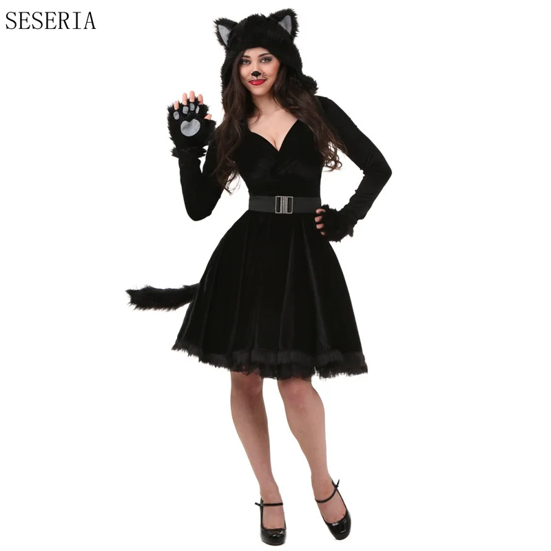 Seseria Sexy Black Plush Models Cat Girl Halloween Costume Women Dress