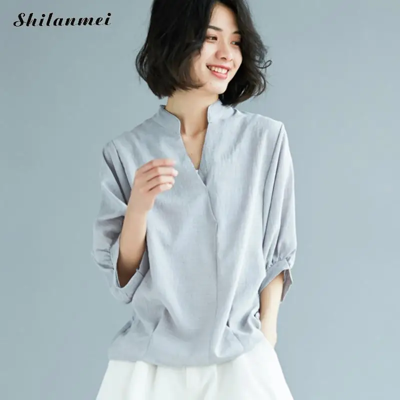 Blouses Femme T 2019 Cotton Women Five Point Sleeve Blouses Loose V-Neck Casual Solid White Office Blouses And Shirts For Ladies