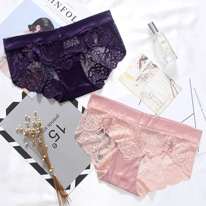 

CINOON Hot Sale Satin Panties Sexy Lace Transparent Briefs Brand Comfortable Soft Underwear For Female