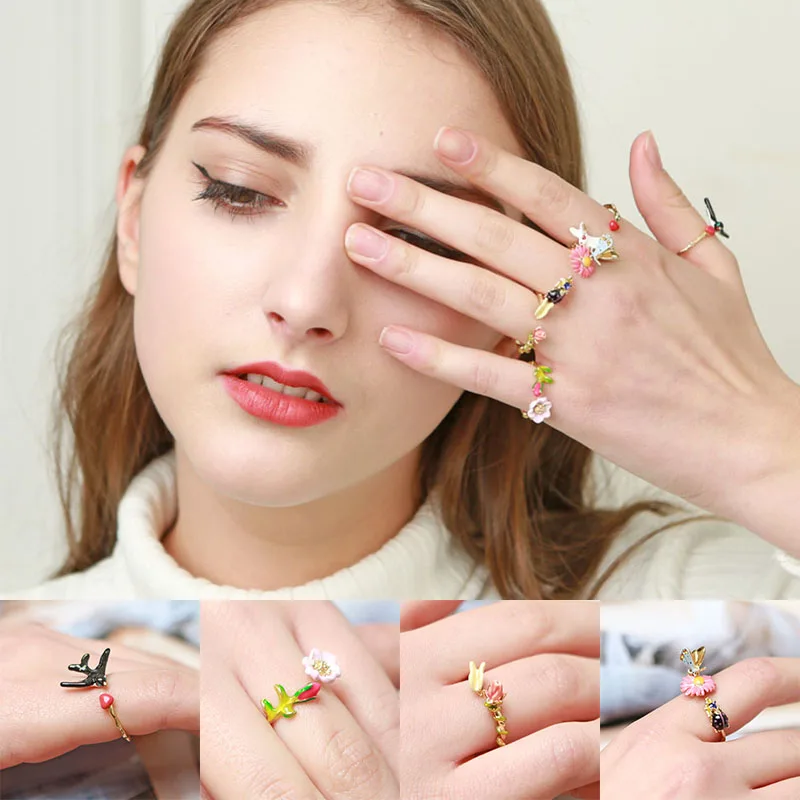 

France Elegant Bird Flower Opening Rings For Women Blue Tits Ring Brand Party Jewelry