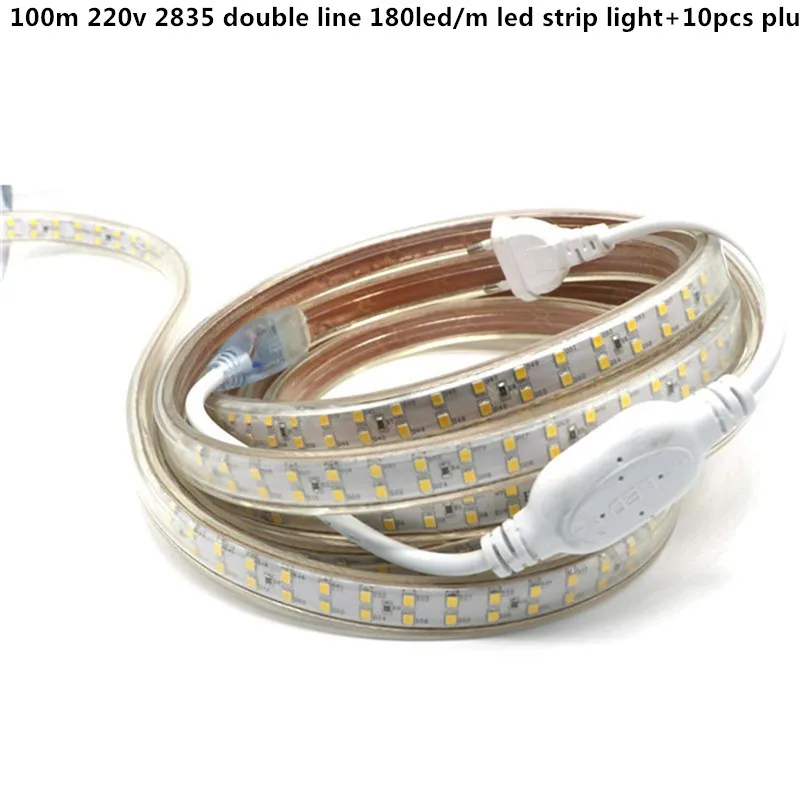 100m+10pcs plug led strip AC220V Waterproof super bright LED 2835 SMD Flexible Light double line