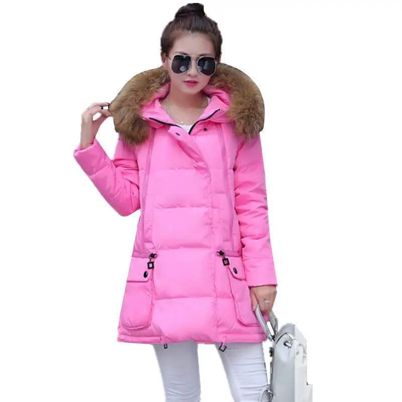 Women Long Down Jacket Cotton Coat 2016 Autumn Winter Korean Thick Fur Collar Hooded Pakas Female