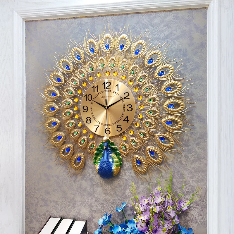 Большие настенные часы с павлиньим кристаллом, современный дизайн, роскошные настенные часы, украшение для дома, гостиной, бесшумные кварцевые часы saati