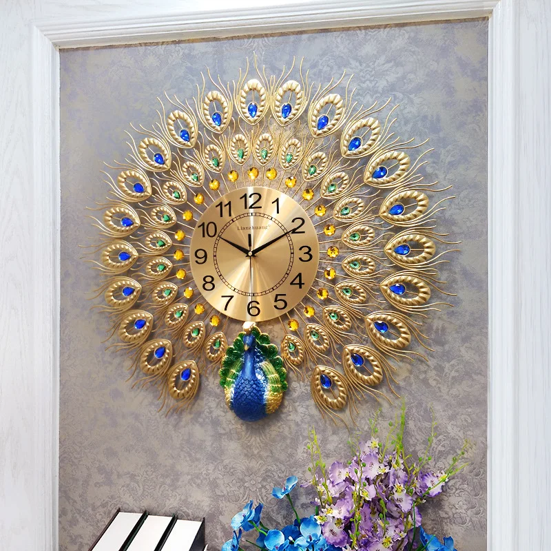Reloj de pared grande de cristal de pavo real Reloj de pared de diseño moderno reloj de pared de lujo decoración de sala de estar de Casa de cuarzo silencioso duvar saati Reloj de pared grande de cristal de pavo real Reloj de pared de diseño moderno reloj de pared de lujo decoración de sala de estar de Casa de cuarzo silencioso duvar saati