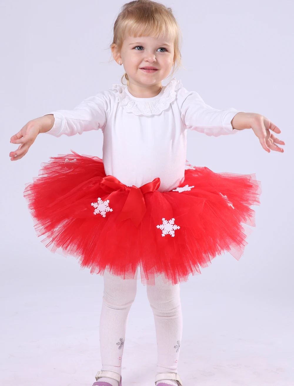 Christmas Red Color Snowflake Girl Tutu Skirt Puffy Cute Princess Girls New Year Ribbons Tulle Skirts Holidays Festival Costume