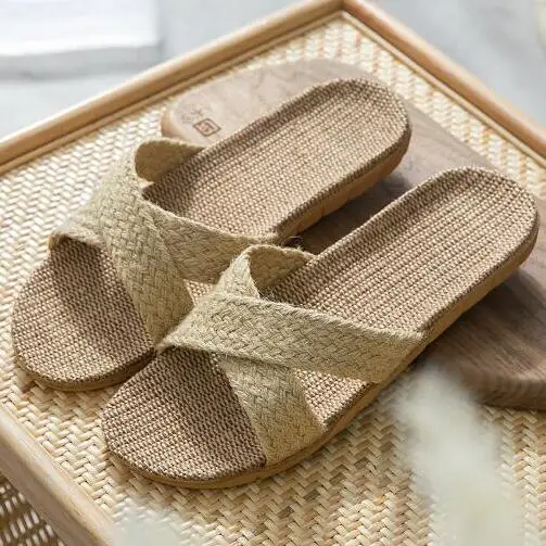 Beige Женские льняные тапочки с перекрестными ремешками; пляжные вьетнамки; Домашние Нескользящие льняные тапочки EVA Mute; женские шлепанцы; домашняя обувь; сандалии на плоской подошве - Цвет: Beige