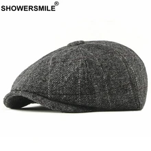 SHOWERSMILE Tweed Krantenjongenspet Mannen Wol Visgraat Platte Cap Winter Grijs Gestreepte Mannelijke Britse Stijl Gatsby Cap Hoed Verstelbare(China)