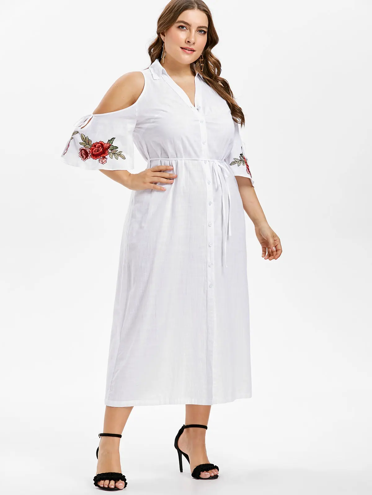 Plus Size Flare Sleeve Midi Shirt Dress Women Half Sleeve Buttons Solid