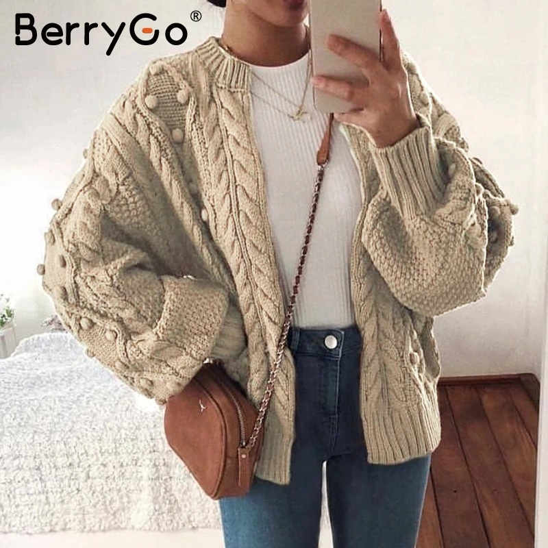 

BerryGo Vintage pompon twist knitted women cardigan Zipper o neck casual ladies sweater Fashion autumn female outwear cardigan