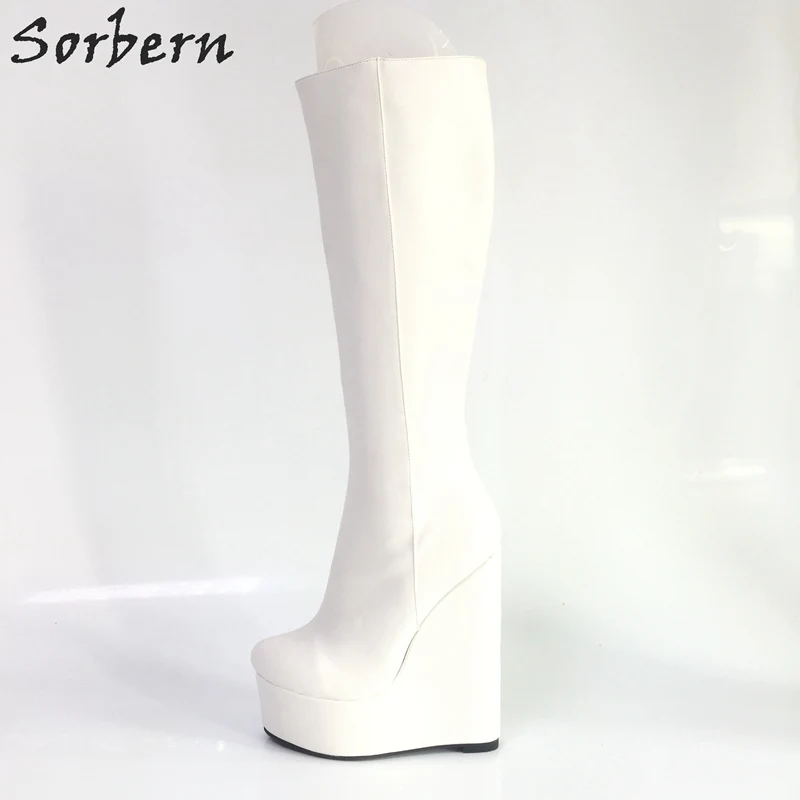 Sorbern/черные женские сапоги на танкетке; сапоги до колена с круглым носком и плюшевой подкладкой; модная женская обувь на очень высоком каблуке с резиновой подошвой - Цвет: Белый