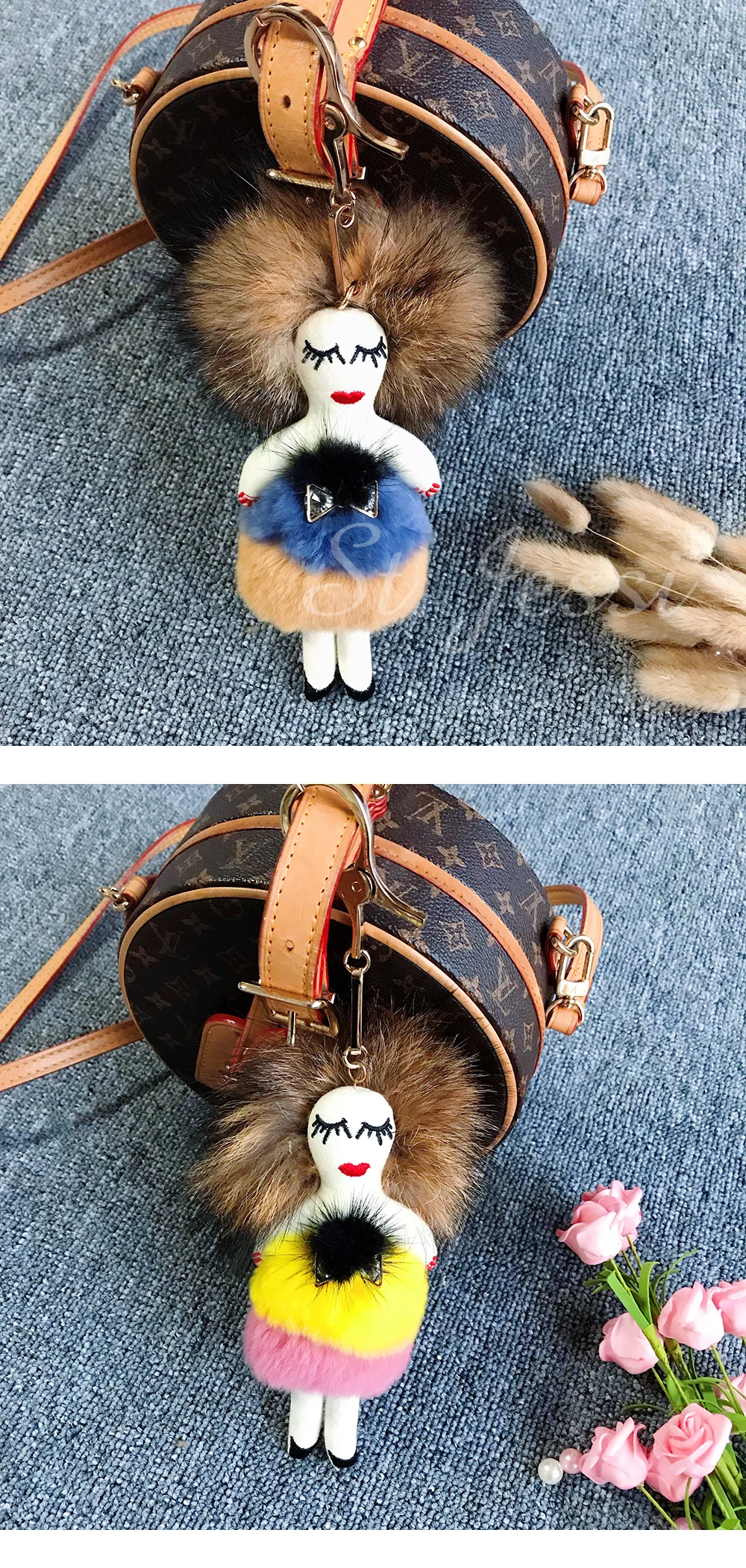 Modern Girl Grazy Women Real Rex Rabbit Fur Keychain Fluffy Doll Fur Pompon Bag Charm Keyring Luxury Car Key Pendant Accessories