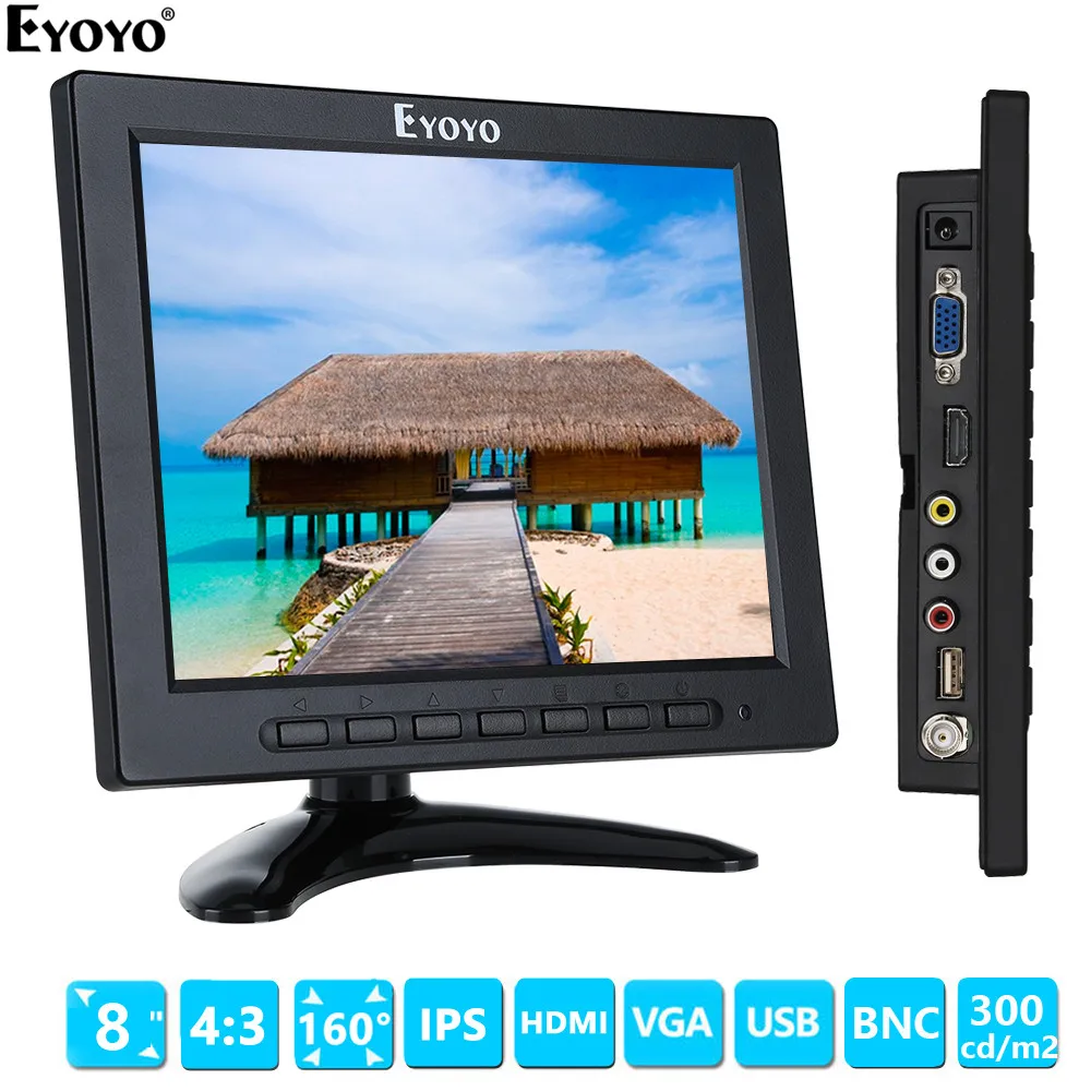 

Eyoyo EM08A 8" inch 1024x768 LCD 4:3 Color Monitor Support 1080P HDMI input Screen HDMI VGA BNC AV for PC CCTV DVR