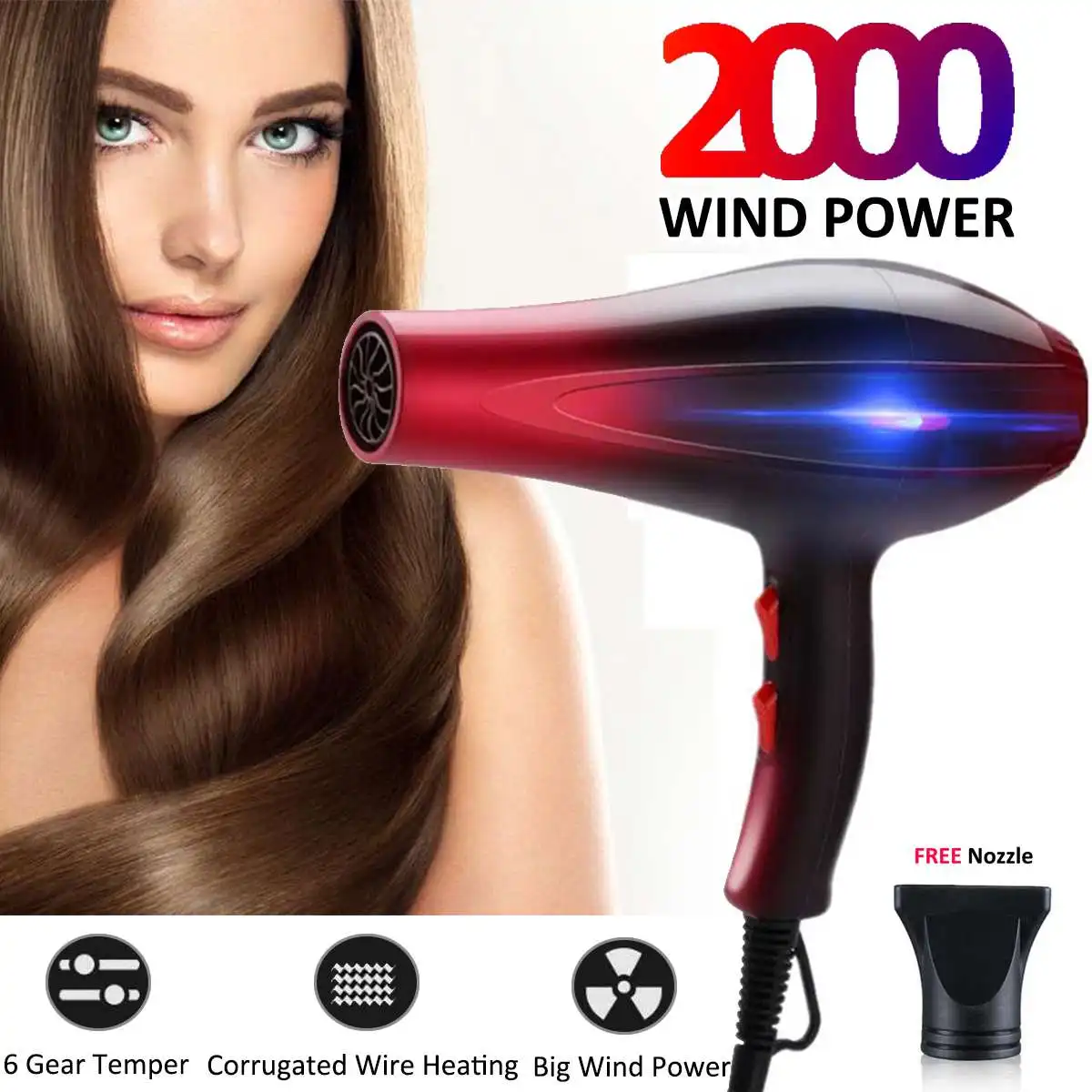 

2000W Wind Power Hairdressing Electric Hair Dryer Blower Low Noise with Nozzle for Salon Household Student Dormitory